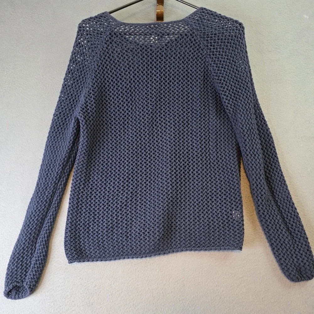 LOFT Outlet Navy Blue Open Knit Crochet Sweater Large L Lace Up Tassel Boho